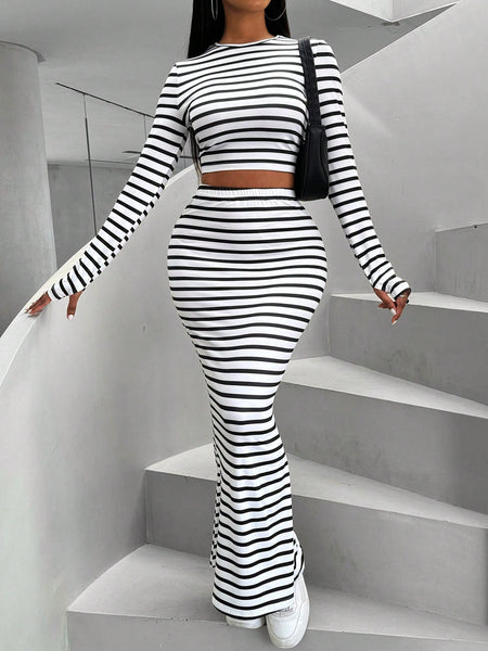 Compass round neck striped skirt set