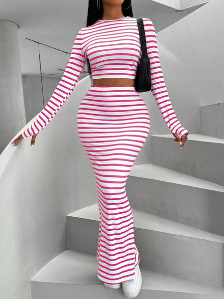 Compass round neck striped skirt set