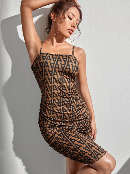 Allover Letter Graphic Twist Back Peekaboo Cami Bodycon Dress - What's Your Chic