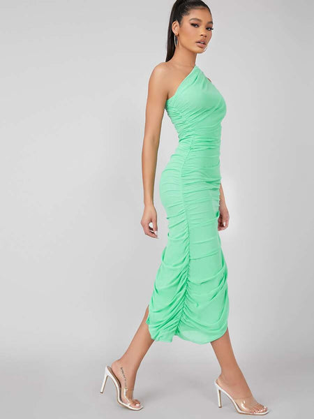 Mesh One-Shoulder Ruched Bodycon Dress - What's Your Chic