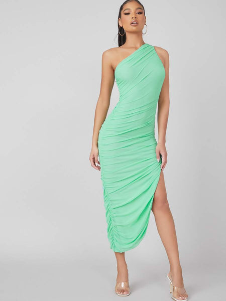 Mesh One-Shoulder Ruched Bodycon Dress - What's Your Chic