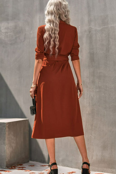 Collared Neck Tie Waist Midi Shirt Dress - What's Your Chic