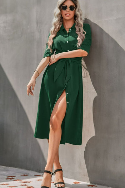 Collared Neck Tie Waist Midi Shirt Dress - What's Your Chic
