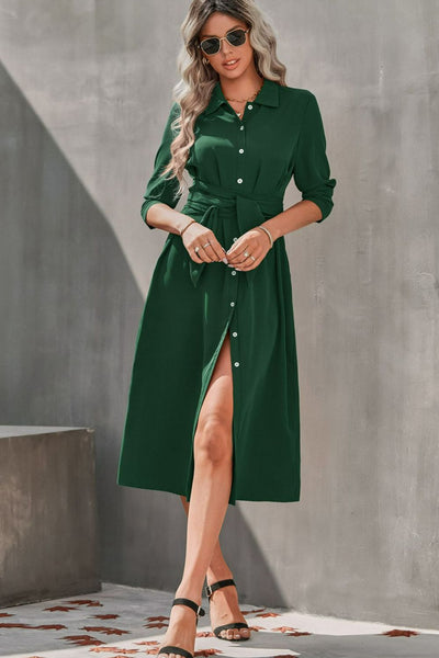 Collared Neck Tie Waist Midi Shirt Dress - What's Your Chic