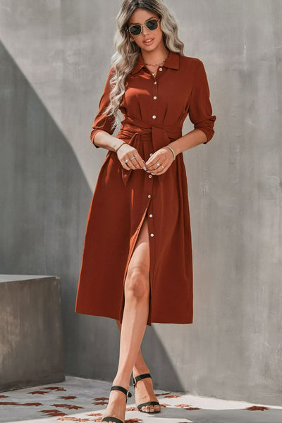 Collared Neck Tie Waist Midi Shirt Dress - What's Your Chic
