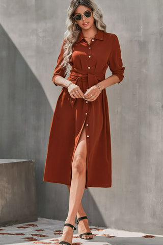 Collared Neck Tie Waist Midi Shirt Dress - What's Your Chic