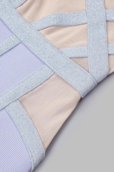 Tricolor Spliced Mesh Plunge Mini Bandage Dress - What's Your Chic