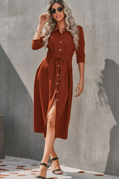 Collared Neck Tie Waist Midi Shirt Dress - What's Your Chic