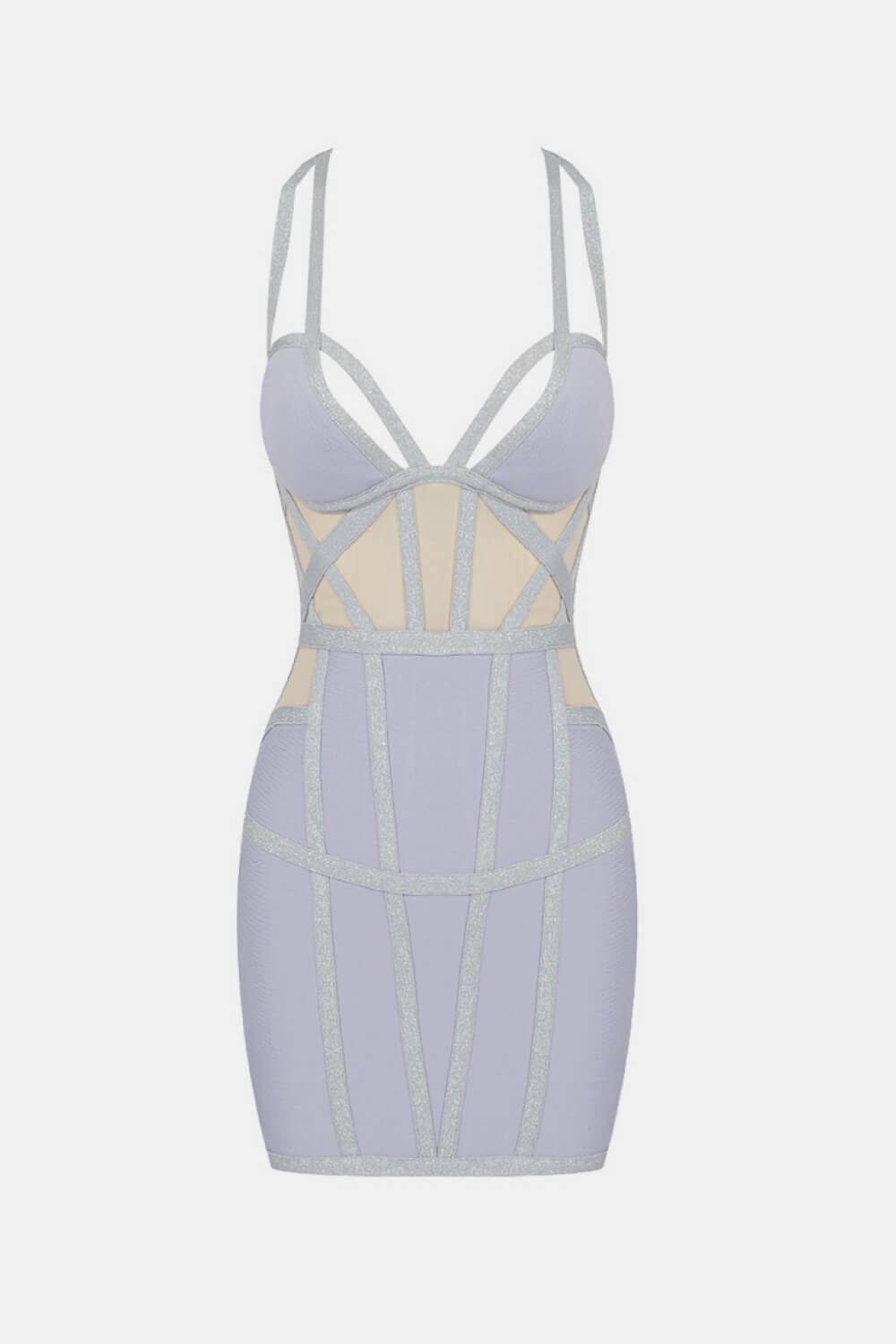 Tricolor Spliced Mesh Plunge Mini Bandage Dress - What's Your Chic