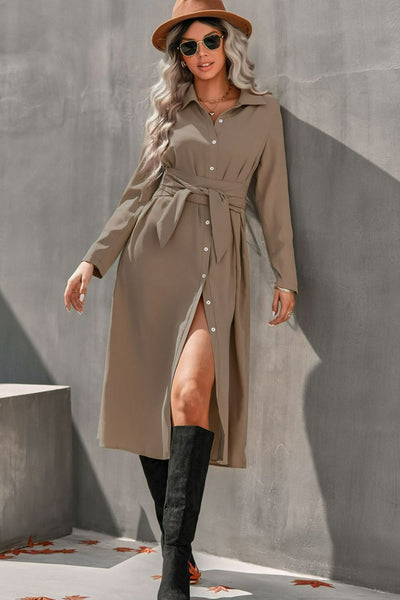 Collared Neck Tie Waist Midi Shirt Dress - What's Your Chic