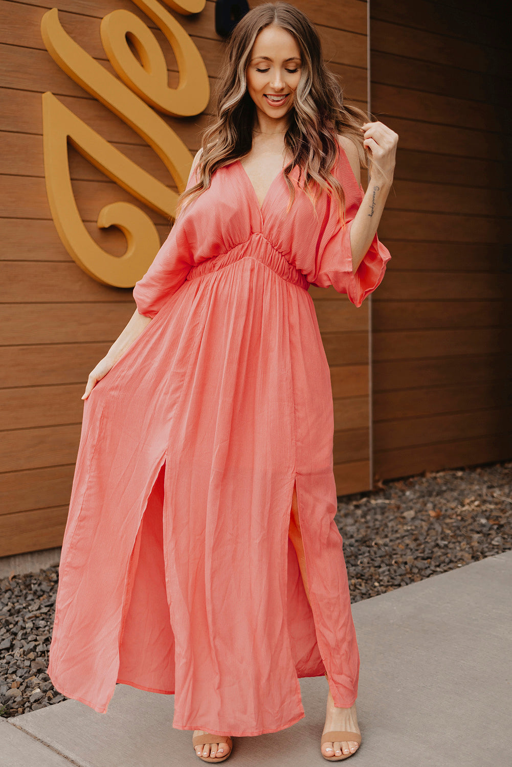 Cold-Shoulder Deep V Slit Maxi Dress - What's Your Chic